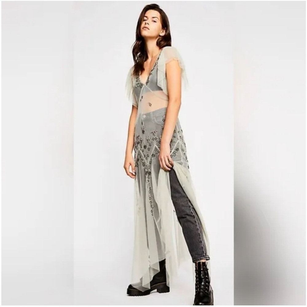 NWT Free People Light Gray Combo Annabelle Embellished Maxi Slip Dress XS